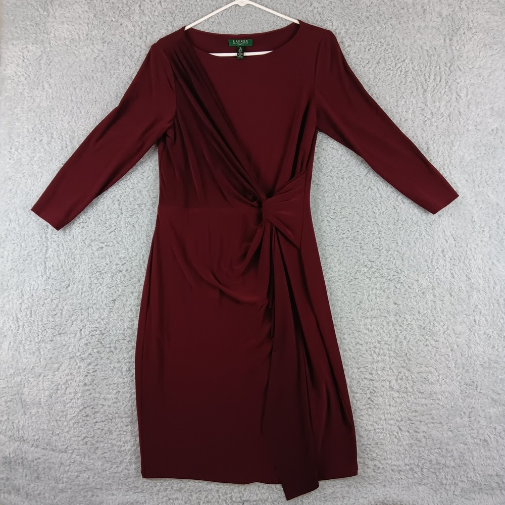 Lauren Ralph Lauren‎ Burgundy Faux Wrap Side Knot Sheath Dress 12 Long Sleeve